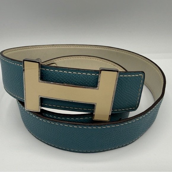 Hermes Accessories - Hermes Teal Belt with Gold Buckle